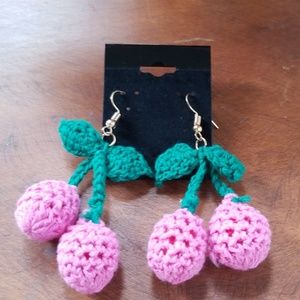 Pink cherry crocheted earrings
